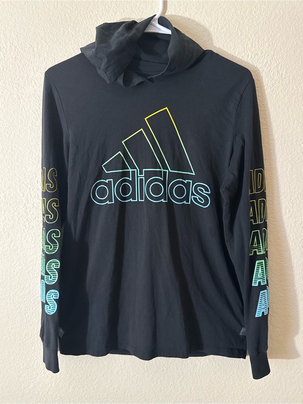 adidas Boys Black Graphic Logo Pullover Hoodie Long Sleeve Regular Fit L 14/16